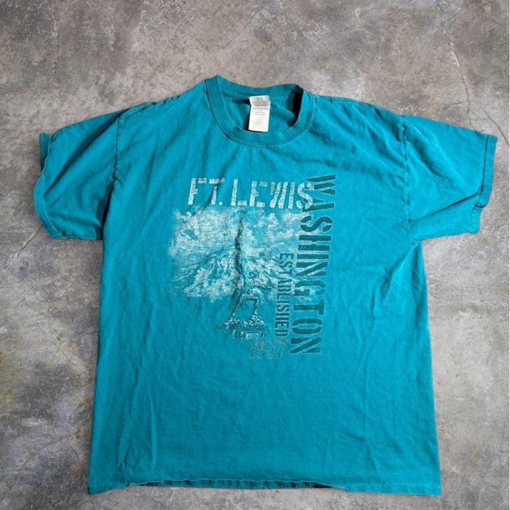 Vintage Fort Lewis Washington Military Graphic T-Shirt Teal Size L